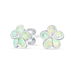 Lab-Created Opal Inlay Plumeria Stud Earrings in Sterling Silver