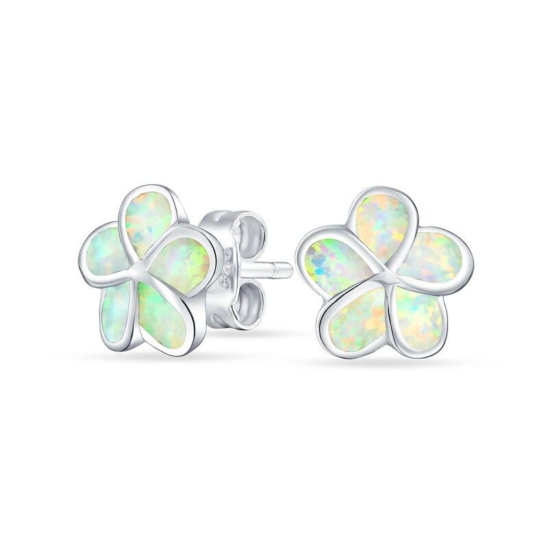 Main Image 1 of Lab-Created Opal Inlay Plumeria Stud Earrings in Sterling Silver