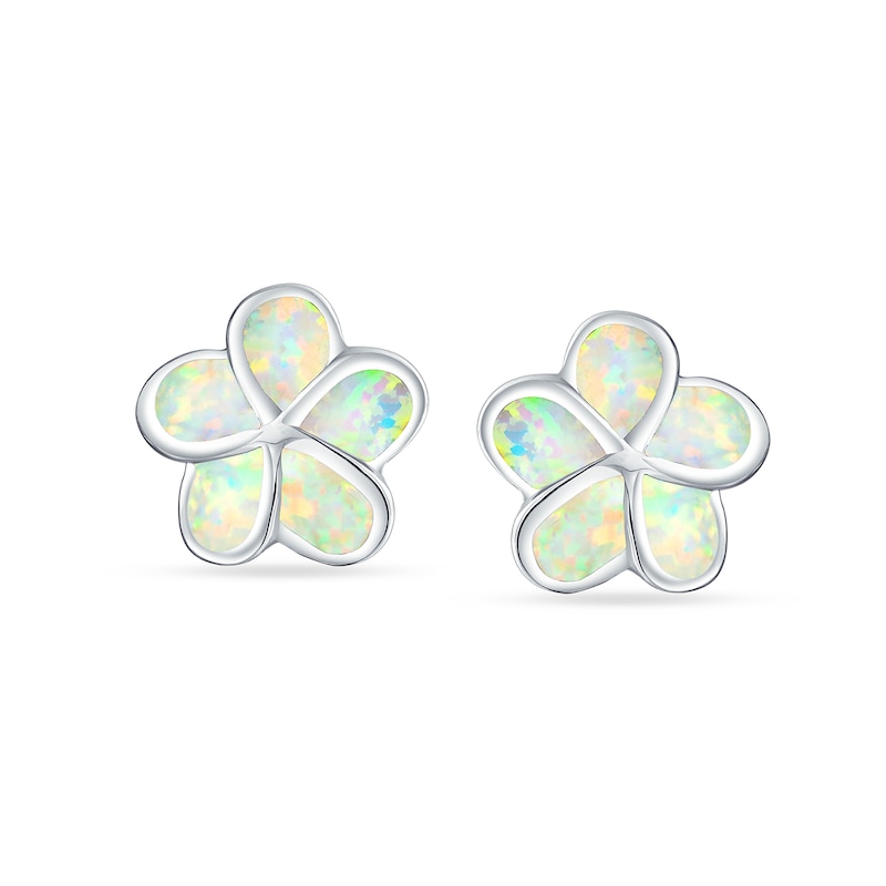 Main Image 2 of Lab-Created Opal Inlay Plumeria Stud Earrings in Sterling Silver