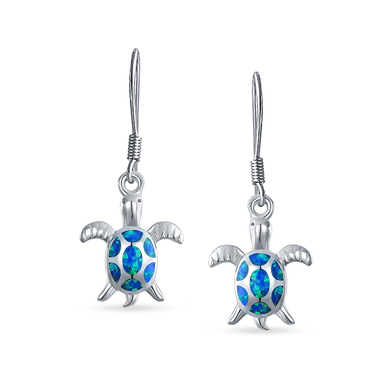 Blue Lab-Created Opal Inlay Turtle Drop Earrings in Sterling Silver