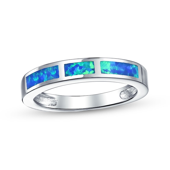Blue Lab-Created Opal Inlay Three Stone Band in Sterling Silver