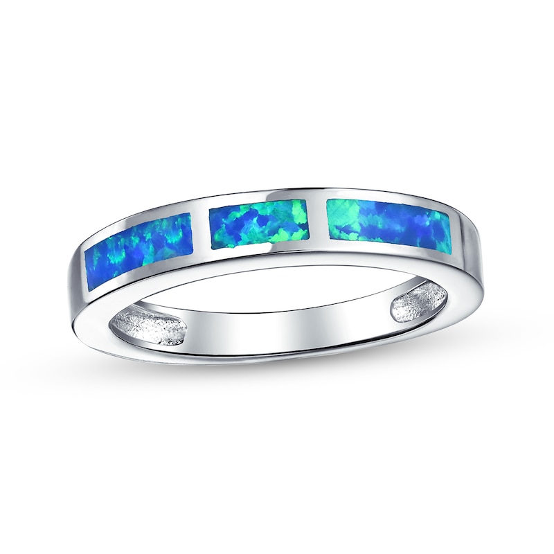 Main Image 1 of Blue Lab-Created Opal Inlay Three Stone Band in Sterling Silver