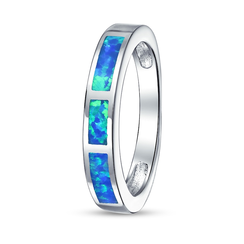 Main Image 2 of Blue Lab-Created Opal Inlay Three Stone Band in Sterling Silver