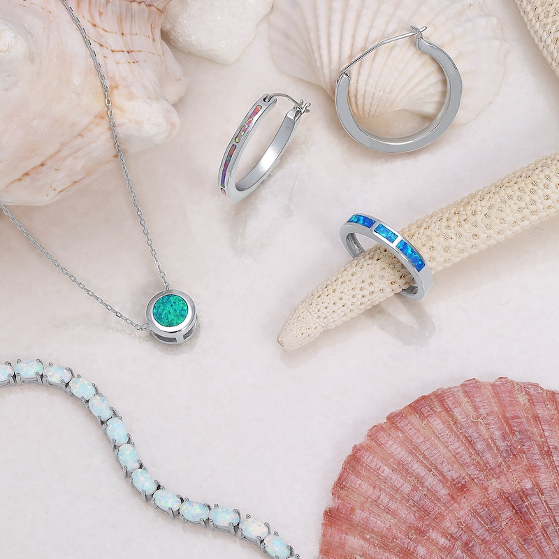 Main Image 3 of Blue Lab-Created Opal Inlay Three Stone Band in Sterling Silver