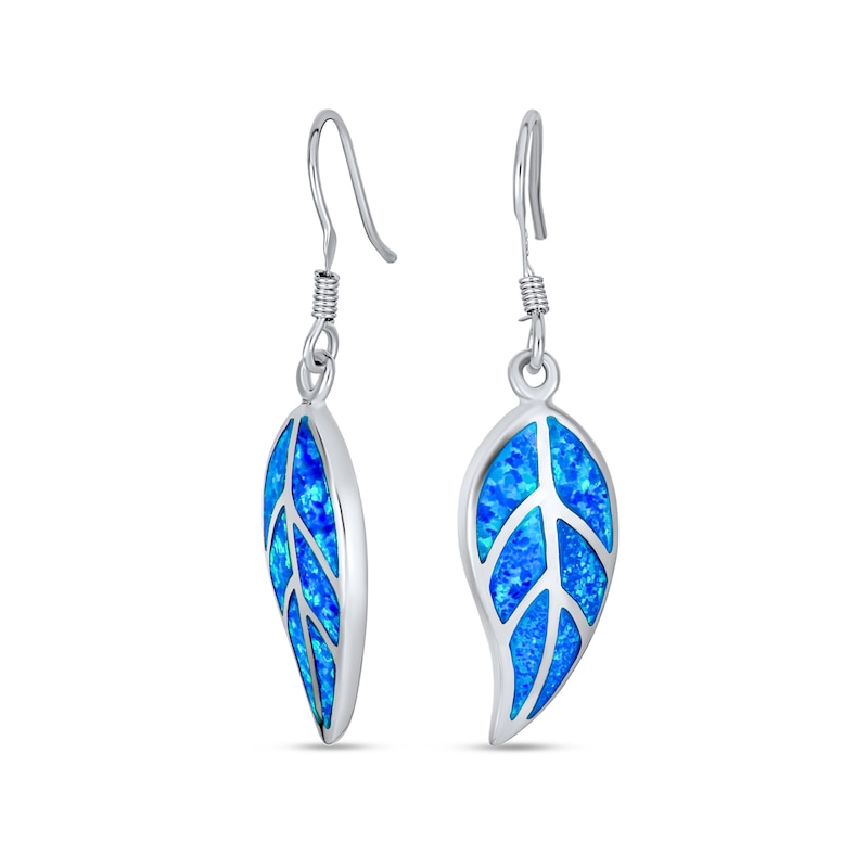 Main Image 1 of Blue Lab-Created Opal Inlay Leaf Drop Earrings in Sterling Silver
