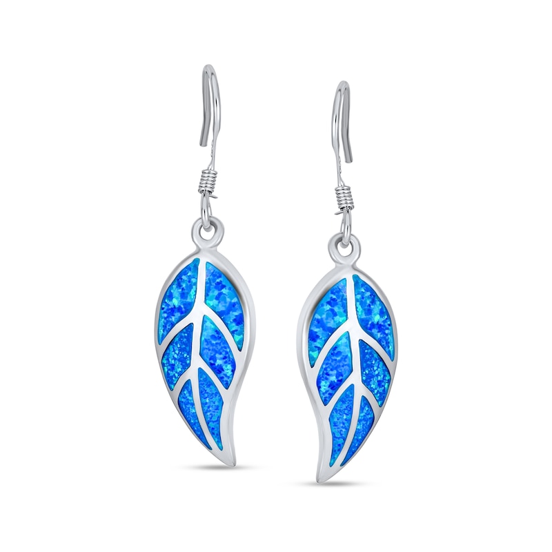 Main Image 2 of Blue Lab-Created Opal Inlay Leaf Drop Earrings in Sterling Silver