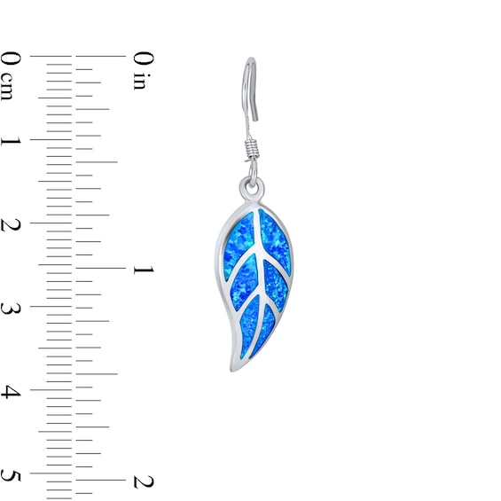 Blue Lab-Created Opal Inlay Leaf Drop Earrings in Sterling Silver