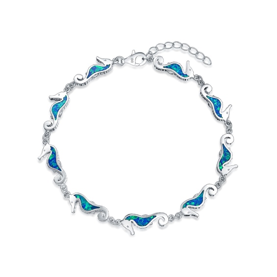 Blue Lab-Created Opal Inlay Seahorse Station Link Bracelet in Sterling Silver - 7.5"