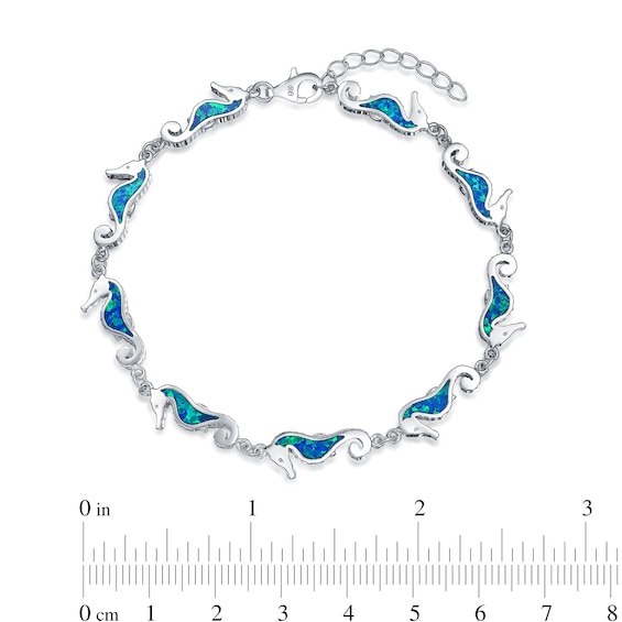Blue Lab-Created Opal Inlay Seahorse Station Link Bracelet in Sterling Silver - 7.5"