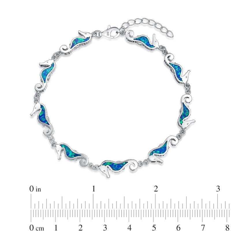 Main Image 2 of Blue Lab-Created Opal Inlay Seahorse Station Link Bracelet in Sterling Silver - 7.5"