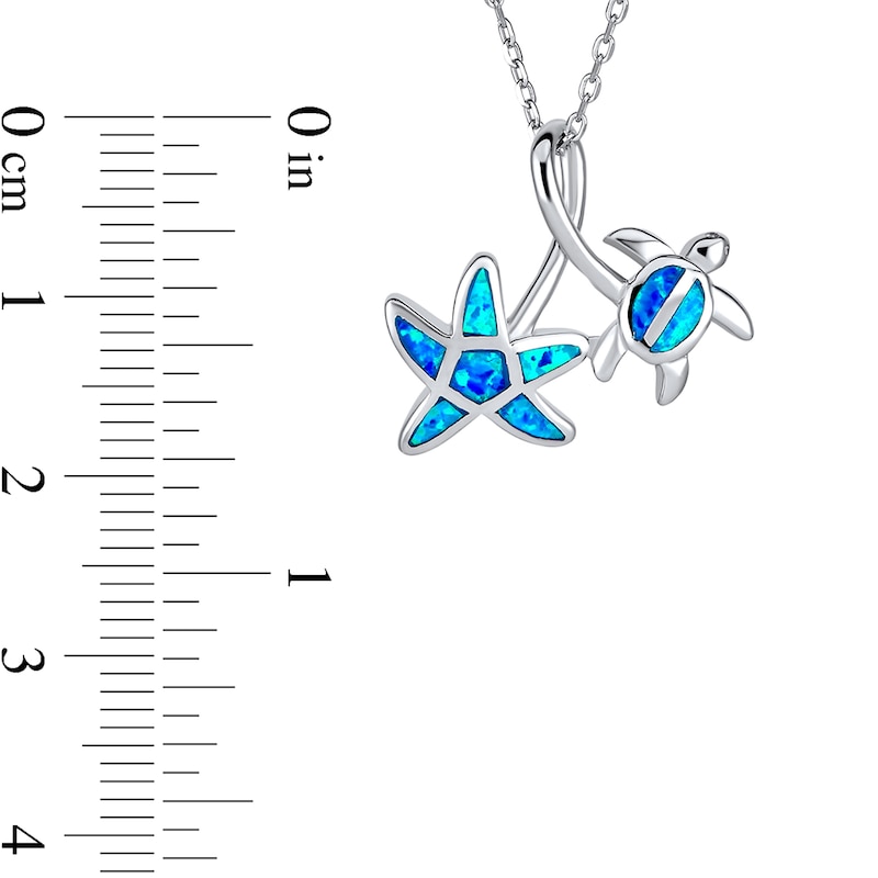 Blue Lab-Created Opal Inlay Starfish and Sea Turtle Pendant in Sterling Silver