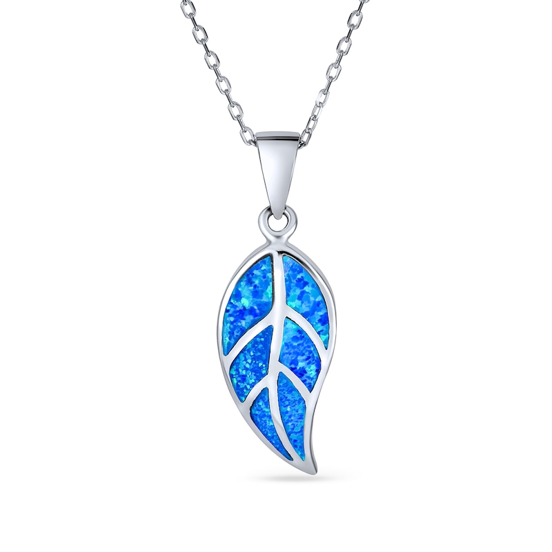 Main Image 1 of Blue Lab-Created Opal Inlay Leaf Pendant in Sterling Silver