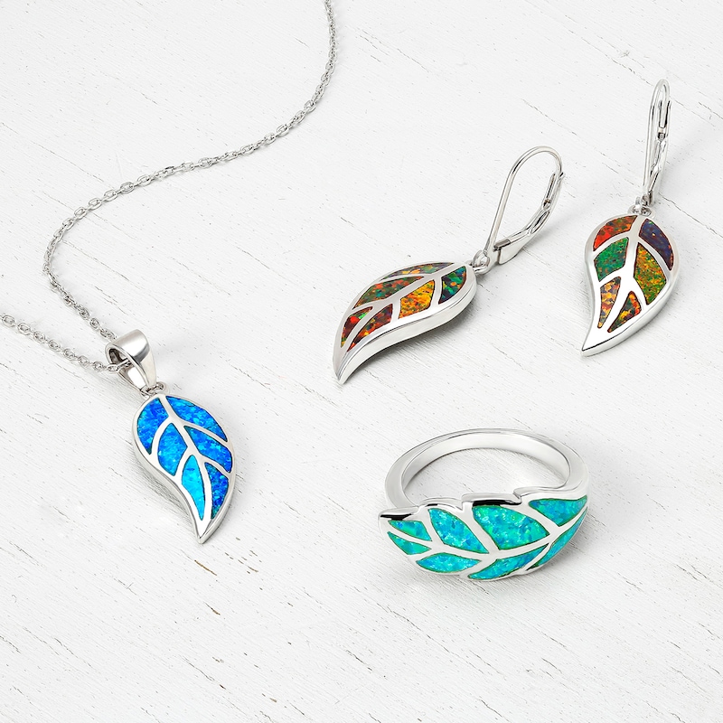 Main Image 4 of Blue Lab-Created Opal Inlay Leaf Pendant in Sterling Silver
