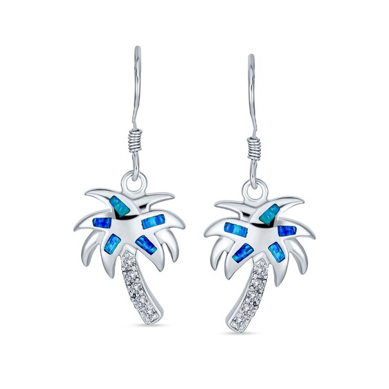 Blue Lab-Created Opal Inlay and Cubic Zirconia Palm Tree Drop Earrings in Sterling Silver