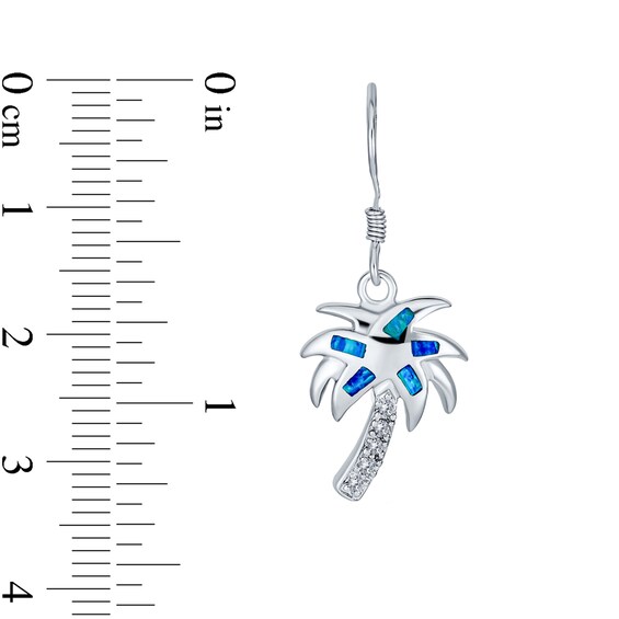 Blue Lab-Created Opal Inlay and Cubic Zirconia Palm Tree Drop Earrings in Sterling Silver