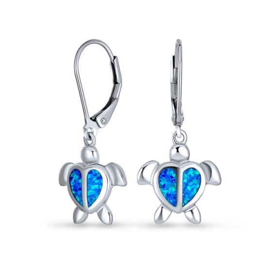 Blue Lab-Created Opal Inlay Heart Sea Turtle Drop Earrings in Sterling Silver