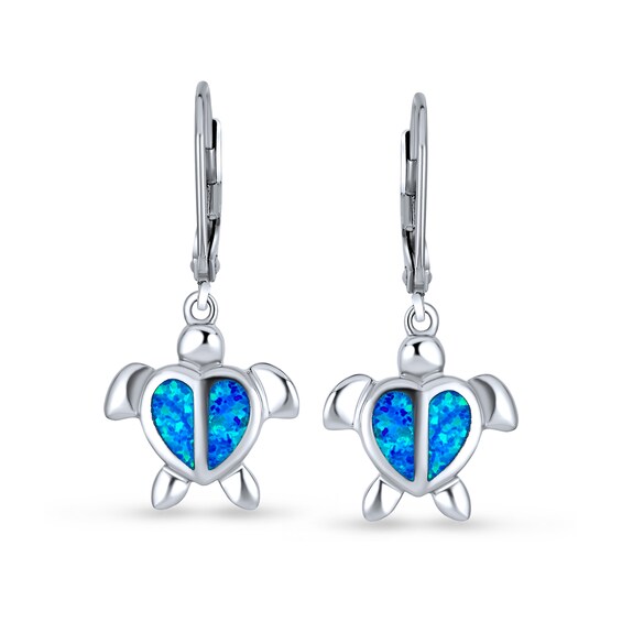 Blue Lab-Created Opal Inlay Heart Sea Turtle Drop Earrings in Sterling Silver