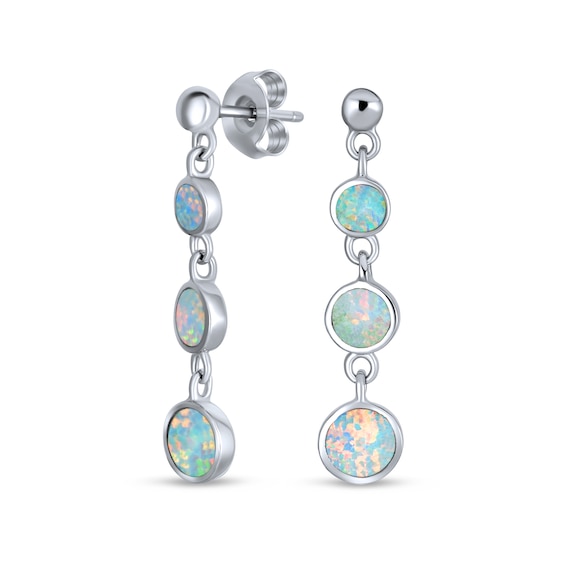 Lab-Created Opal Inlay Graduated Three Stone Drop Earrings in Sterling Silver