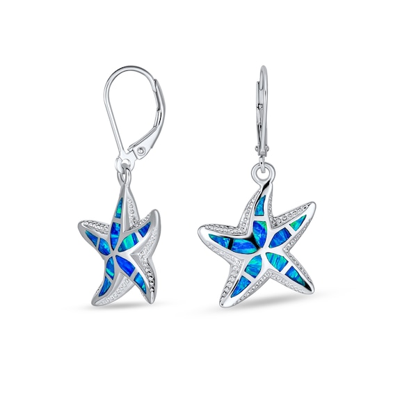 Blue Lab-Created Opal Inlay Starfish Drop Earrings in Sterling Silver