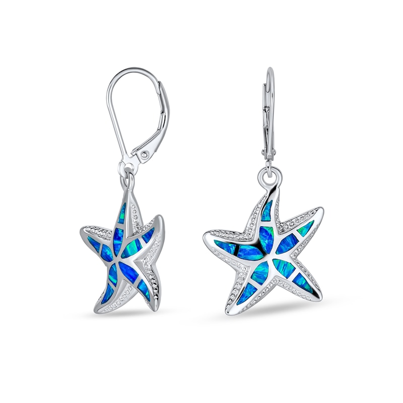 Main Image 1 of Blue Lab-Created Opal Inlay Starfish Drop Earrings in Sterling Silver