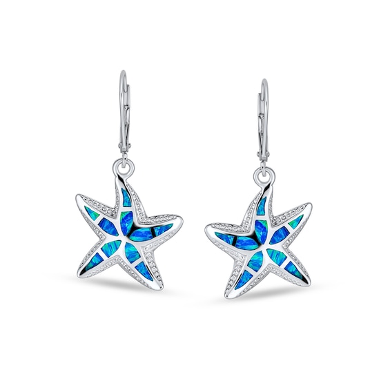 Blue Lab-Created Opal Inlay Starfish Drop Earrings in Sterling Silver