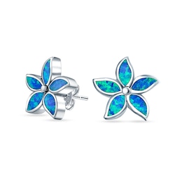Blue Lab-Created Opal Inlay Pointed Petal Flower Stud Earrings in Sterling Silver
