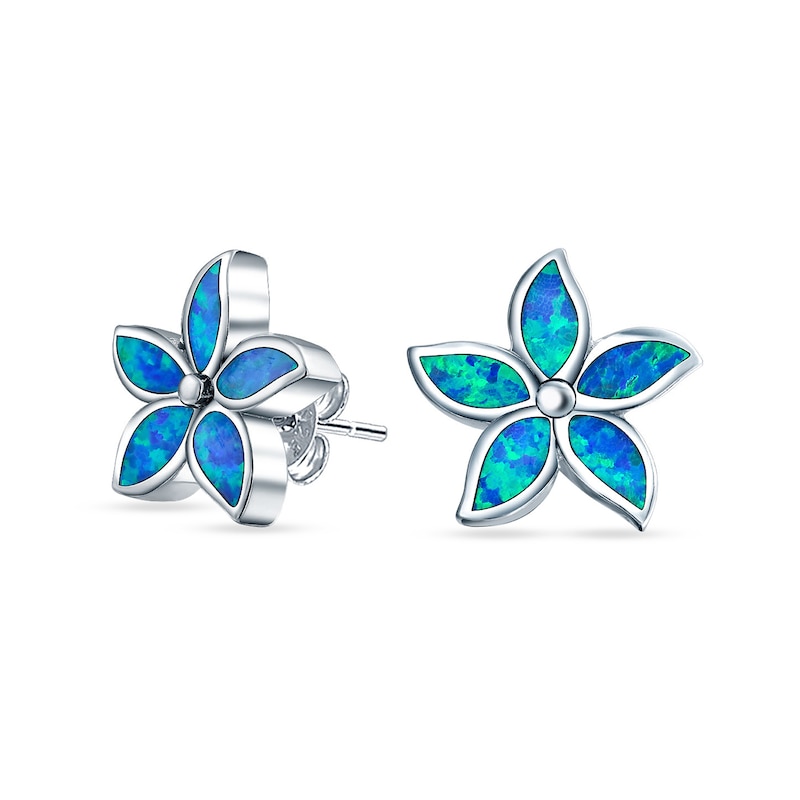 Main Image 1 of Blue Lab-Created Opal Inlay Pointed Petal Flower Stud Earrings in Sterling Silver
