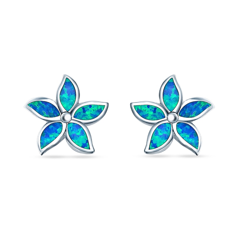Main Image 2 of Blue Lab-Created Opal Inlay Pointed Petal Flower Stud Earrings in Sterling Silver
