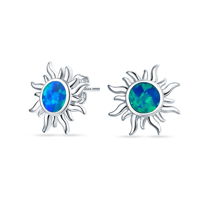 Main Image 1 of Blue Lab-Created Opal Inlay Sunburst Stud Earrings in Sterling Silver