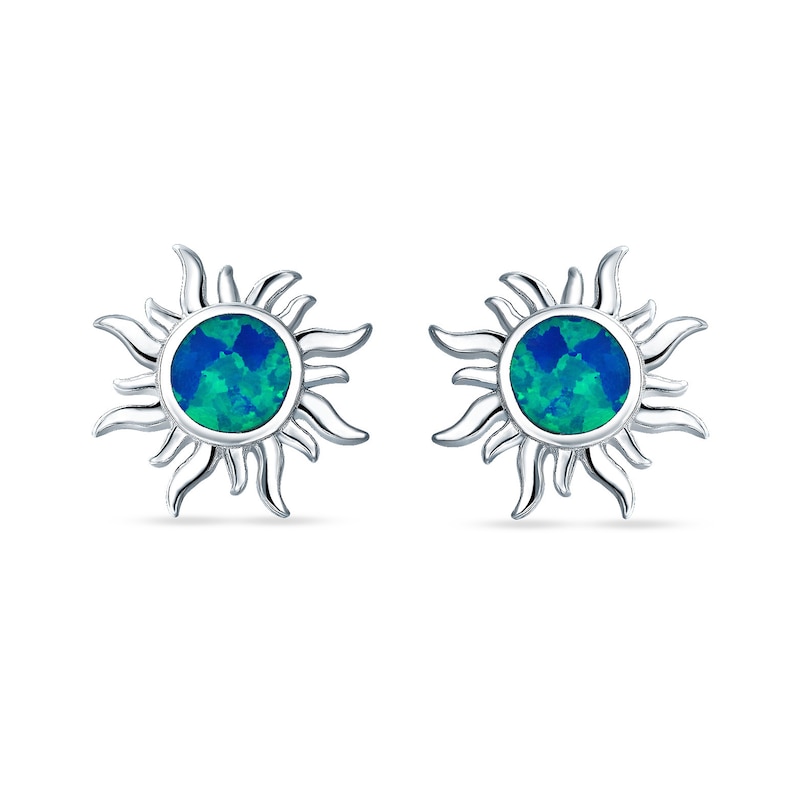 Main Image 2 of Blue Lab-Created Opal Inlay Sunburst Stud Earrings in Sterling Silver