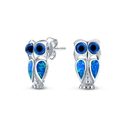 Blue Lab-Created Opal Inlay Owl Stud Earrings in Sterling Silver