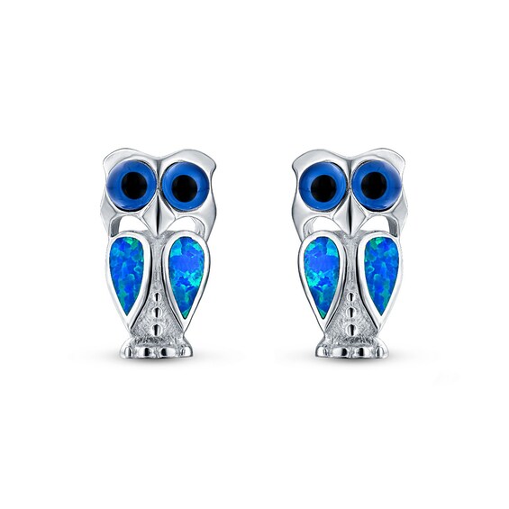 Blue Lab-Created Opal Inlay Owl Stud Earrings in Sterling Silver