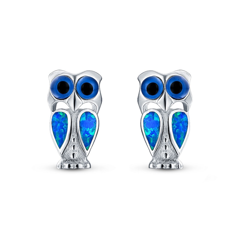 Main Image 2 of Blue Lab-Created Opal Inlay Owl Stud Earrings in Sterling Silver