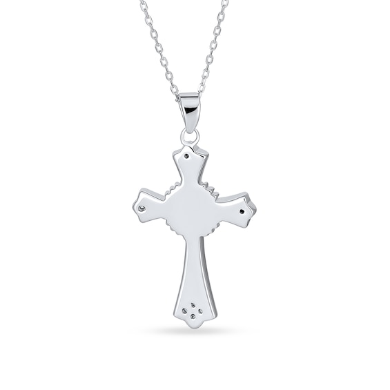 Lab-Created Opal Inlay and Cubic Zirconia Art Deco Cross Pendant in Sterling Silver