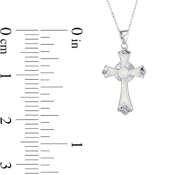 Lab-Created Opal Inlay and Cubic Zirconia Art Deco Cross Pendant in Sterling Silver