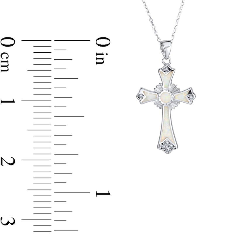 Lab-Created Opal Inlay and Cubic Zirconia Art Deco Cross Pendant in Sterling Silver