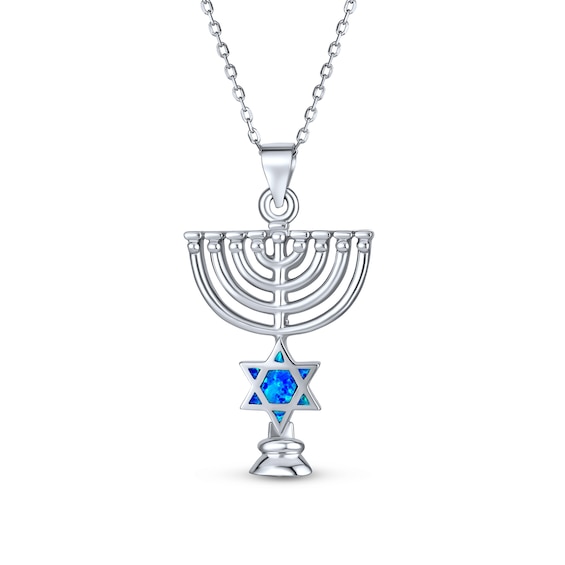 Blue Lab-Created Opal Inlay Star of David and Menorah Pendant in Sterling Silver