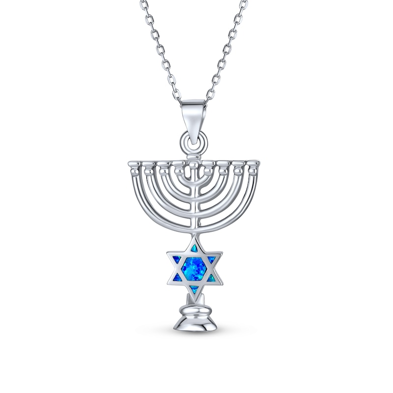 Main Image 1 of Blue Lab-Created Opal Inlay Star of David and Menorah Pendant in Sterling Silver