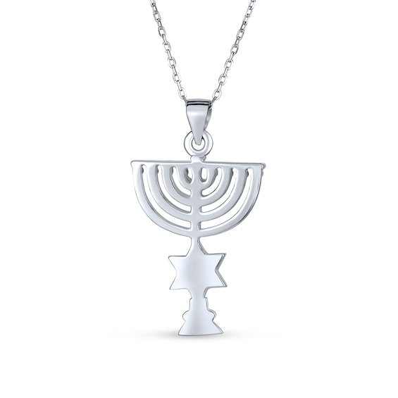 Blue Lab-Created Opal Inlay Star of David and Menorah Pendant in Sterling Silver