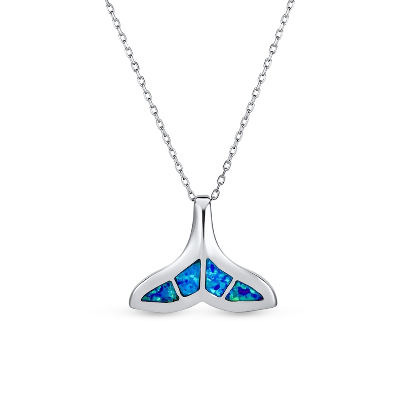 Main Image 1 of Blue Lab-Created Opal Inlay Whale Tail Fin Pendant in Sterling Silver