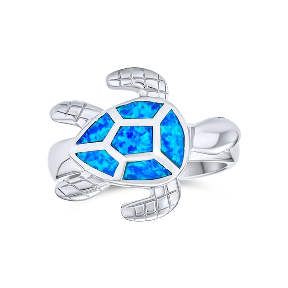 Blue Lab-Created Opal Inlay Sideways Sea Turtle Ring in Sterling Silver