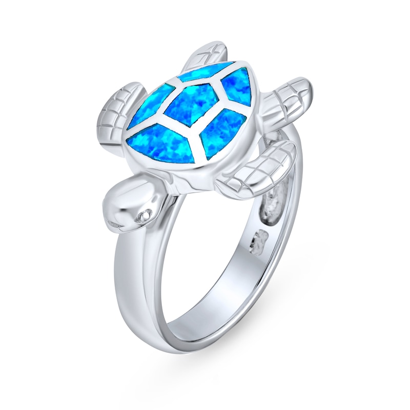 Main Image 2 of Blue Lab-Created Opal Inlay Sideways Sea Turtle Ring in Sterling Silver