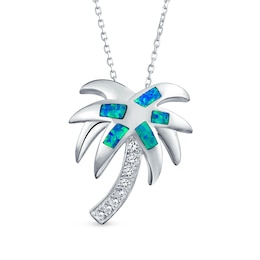 Blue Lab-Created Opal Inlay and Cubic Zirconia Palm Tree Pendant in Sterling Silver