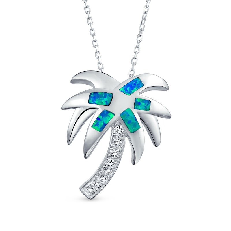 Main Image 1 of Blue Lab-Created Opal Inlay and Cubic Zirconia Palm Tree Pendant in Sterling Silver