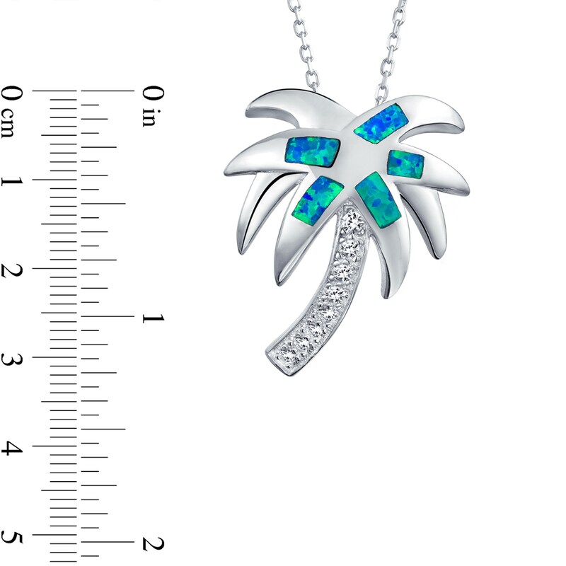 Main Image 3 of Blue Lab-Created Opal Inlay and Cubic Zirconia Palm Tree Pendant in Sterling Silver