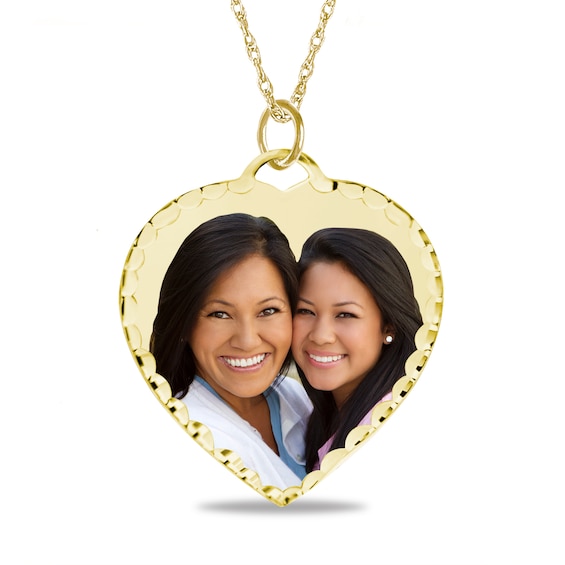 Engravable Photo Diamond-Cut Edge Heart Pendant in 10K White, Yellow, or Rose Gold (1 Image and 3 Lines)