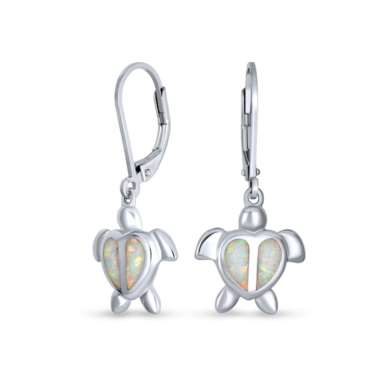 Lab-Created Opal Inlay Heart Turtle Drop Earrings in Sterling Silver