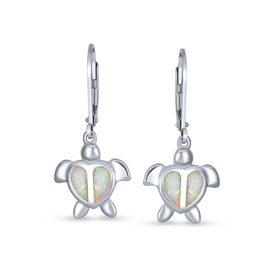 Lab-Created Opal Inlay Heart Turtle Drop Earrings in Sterling Silver
