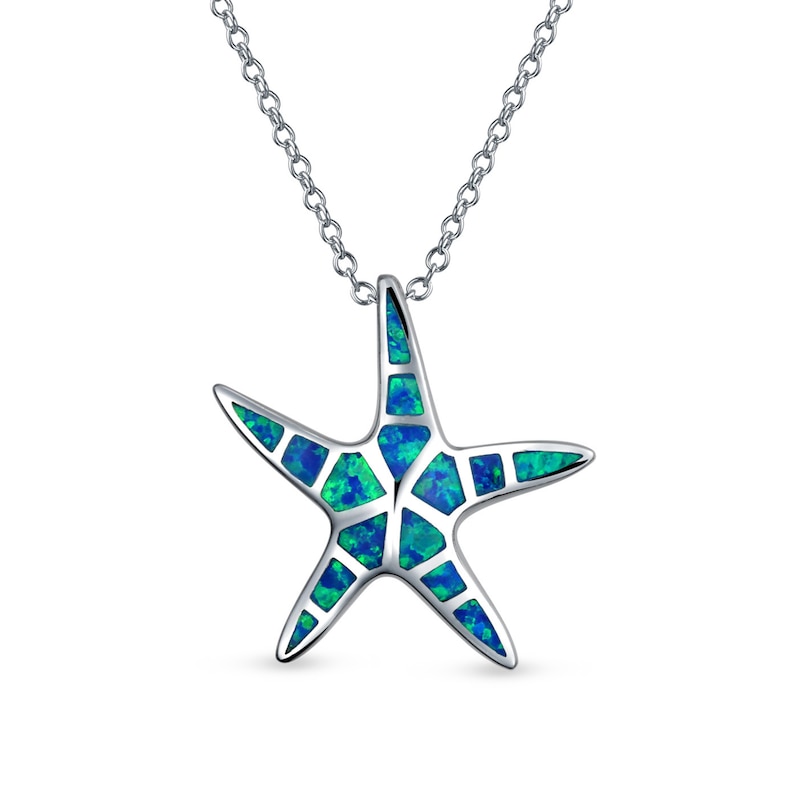 Main Image 1 of Blue Lab-Created Opal Inlay Starfish Pendant in Sterling Silver