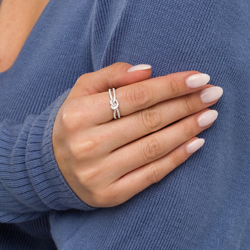 Main Image 2 of 1/3 CT. T.W. Diamond Split Shank Pretzel Knot Ring in Sterling Silver